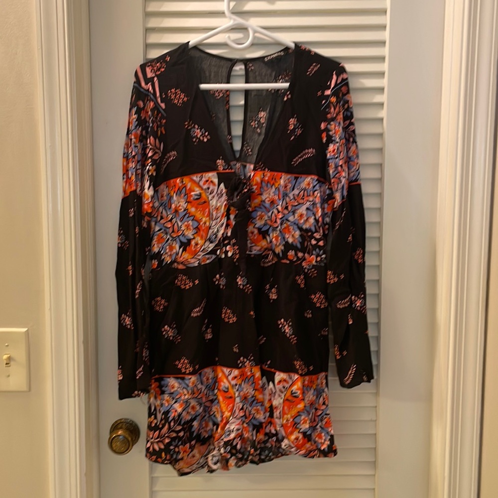 Express Black Floral Long-Sleeve Romper with Orange and Blue Accents
